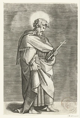 Apostel Filippus met kruis by Marco Dente, print, 1517-1527