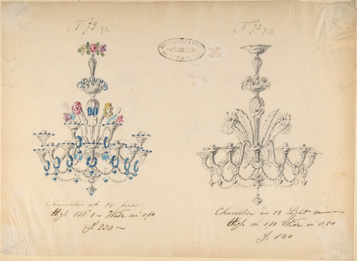 One of Twenty-Three Sheets of Drawings of Glassware (Mirrors, Chandeliers, Goblets, etc.) by Compagnia di Venezia e Murano, drawing, 1850-1880