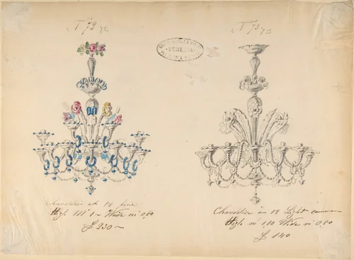 One of Twenty-Three Sheets of Drawings of Glassware (Mirrors, Chandeliers, Goblets, etc.) by Compagnia di Venezia e Murano, drawing, 1850-1880