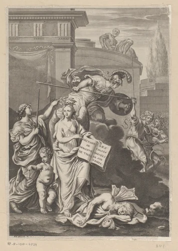 Allegorische voorstelling met een genie omgeven door mythologische figuren by François Chauveau, print, 1623-1676