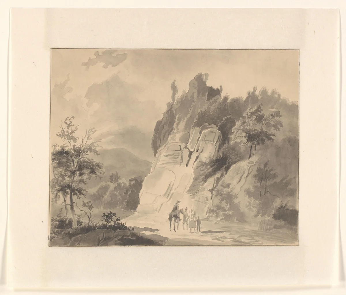 Reizigers bij een rotswand in een berglandschap by Johannes van Reijn, drawing, 1800-1900