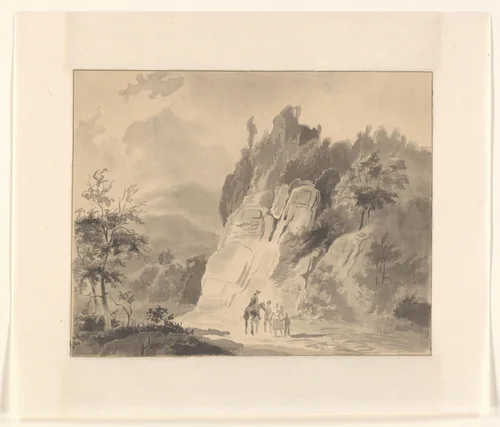 Reizigers bij een rotswand in een berglandschap by Johannes van Reijn, drawing, 1800-1900