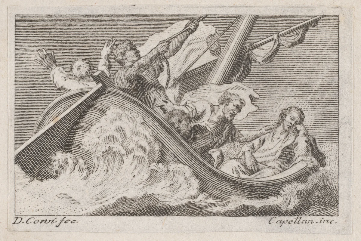 Christ on a boat with fishermen by Antonio Capellan, print, 1755-1793