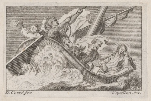 Christ on a boat with fishermen by Antonio Capellan, print, 1755-1793