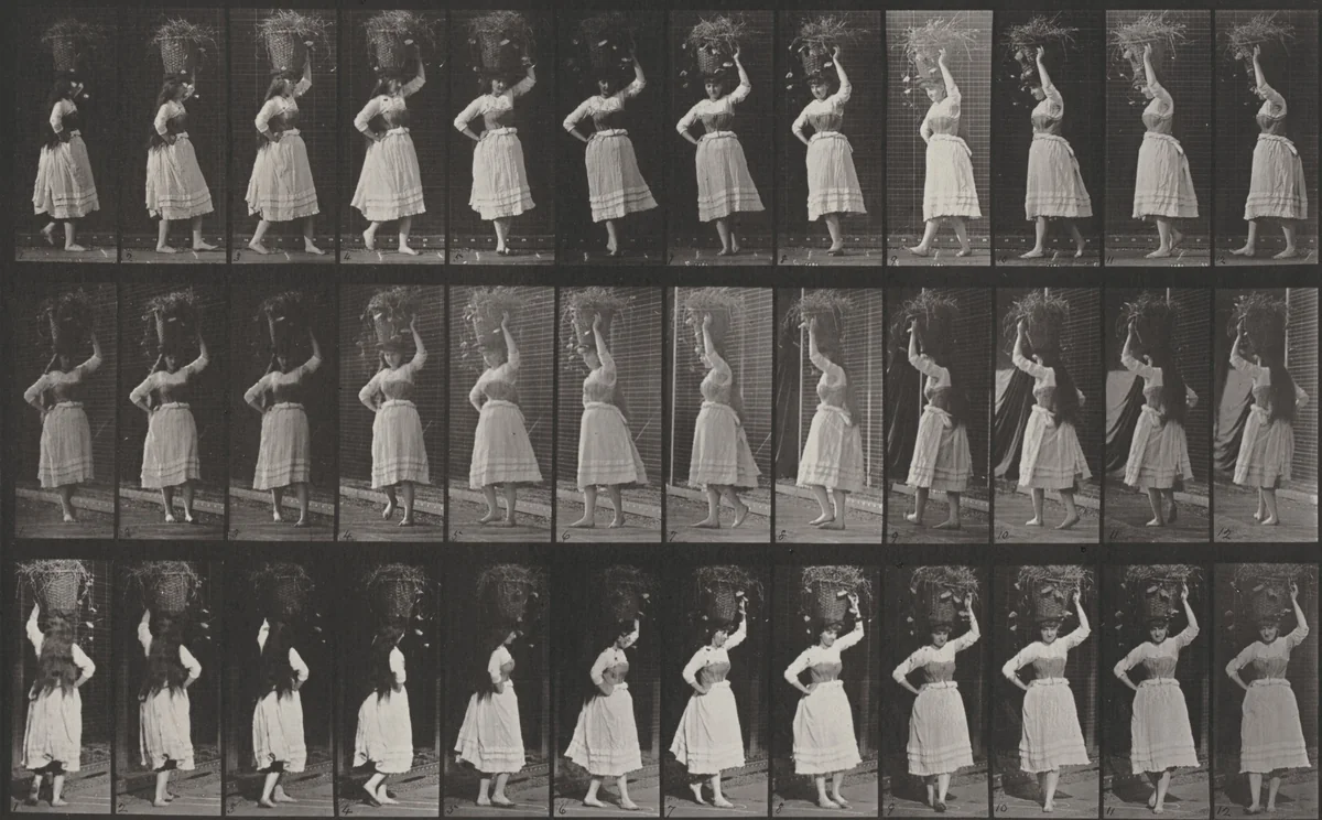 Plate Number 57. Walking and turning around with a 10-lb. basket on head by Eadweard Muybridge, photograph, 1887