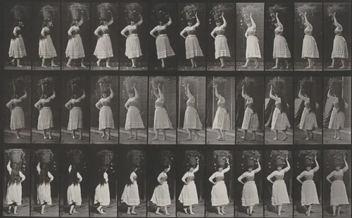 Plate Number 57. Walking and turning around with a 10-lb. basket on head by Eadweard Muybridge, photograph, 1887