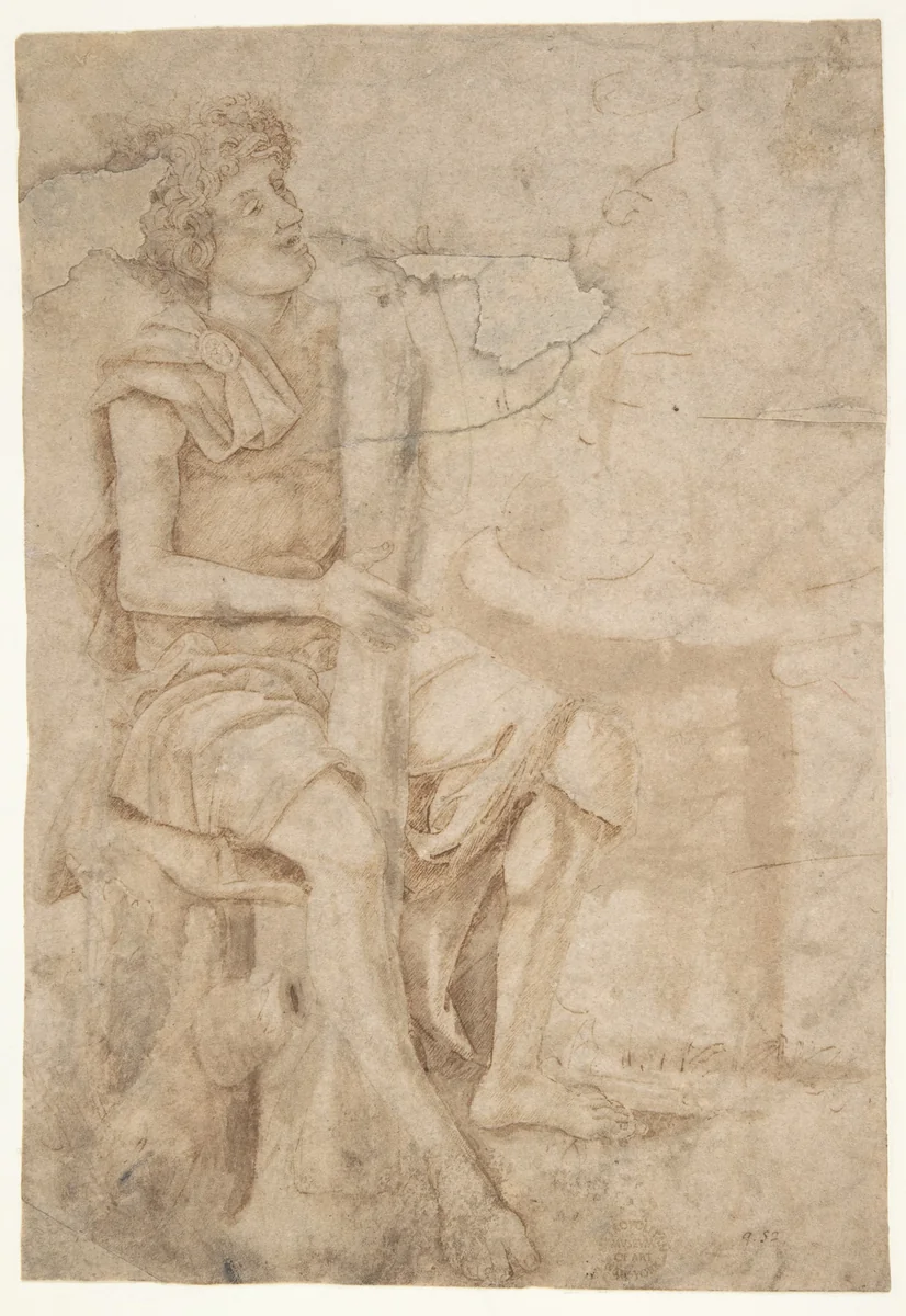 Seated Man Holding a Club or Other Implement (recto); Two Heads of Grotesque Men in Profile (verso) by Andrea Mantegna, drawing, 1484-1500