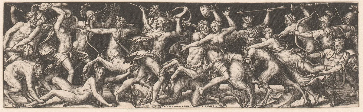 Gevecht tussen Centauren en Lapithen by Unknown, print, 1528-1583