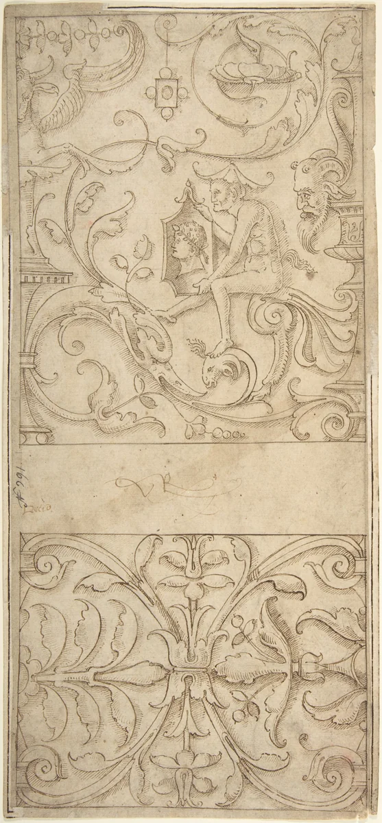 Antique-Style Ornamental Frieze Design: Grotteschi with Figures, Cornucopiae, and Shields by anonymous, drawing, 1500-1550