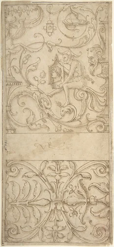 Antique-Style Ornamental Frieze Design: Grotteschi with Figures, Cornucopiae, and Shields by anonymous, drawing, 1500-1550
