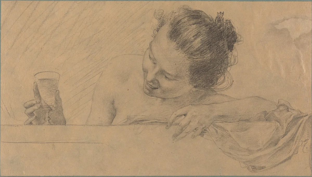 Woman in Bath, Holding a Glass of Wine by Karel Vitezslav Masek, drawing, 1898