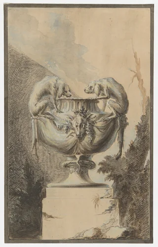 Design for a Garden Vase with Hunting Theme by Paul Egell, drawing, 1735-1745