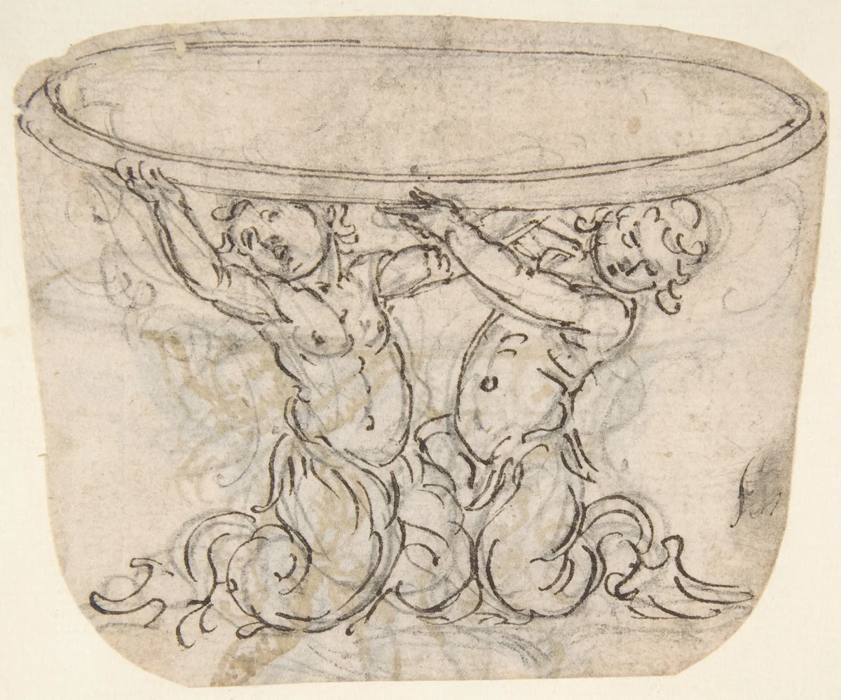 Table or Basin Supported by Male Sirens (recto); Sketch for the same subject (verso) by Giovanni Battista Foggini, drawing, 1652-1725