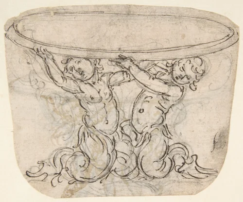 Table or Basin Supported by Male Sirens (recto); Sketch for the same subject (verso) by Giovanni Battista Foggini, drawing, 1652-1725
