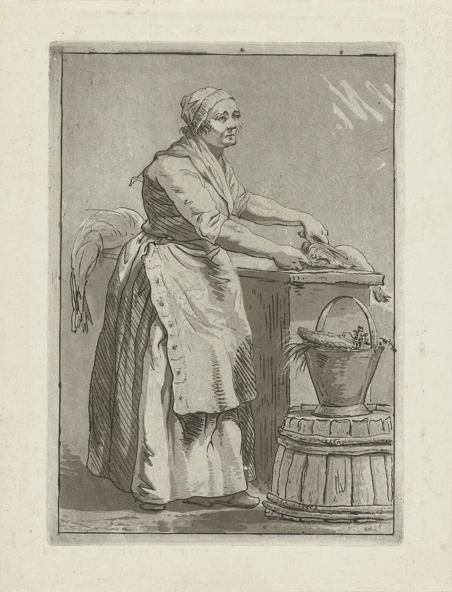 Vis schoonmakende vrouw by Hermanus Fock, print, 1781-1822