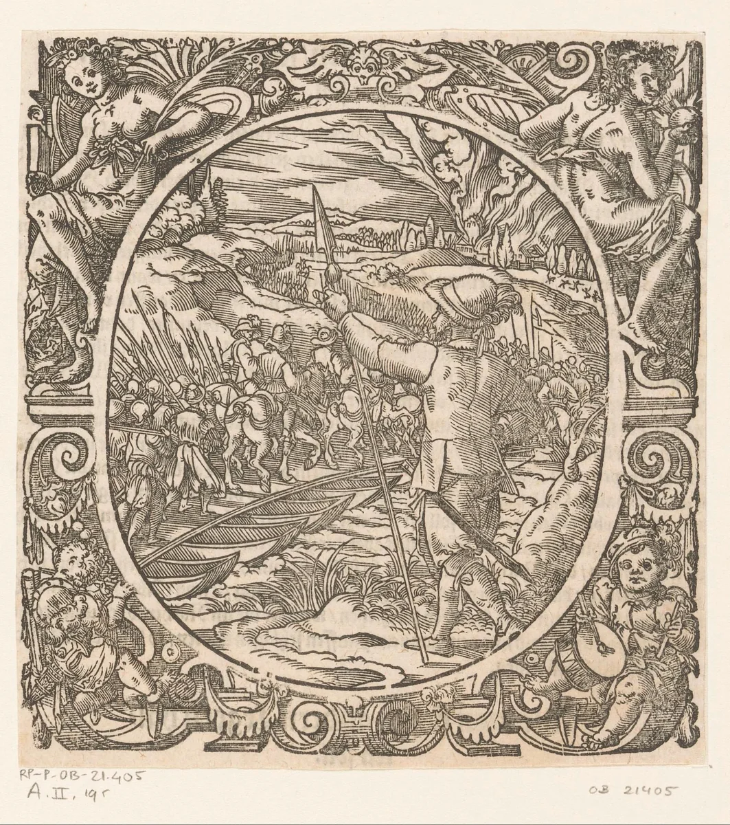 Troepen steken een pontonbrug over by Jost Amman, print, 1573