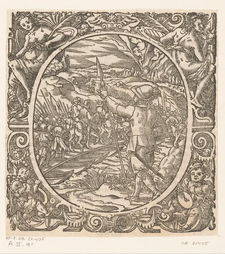 Troepen steken een pontonbrug over by Jost Amman, print, 1573