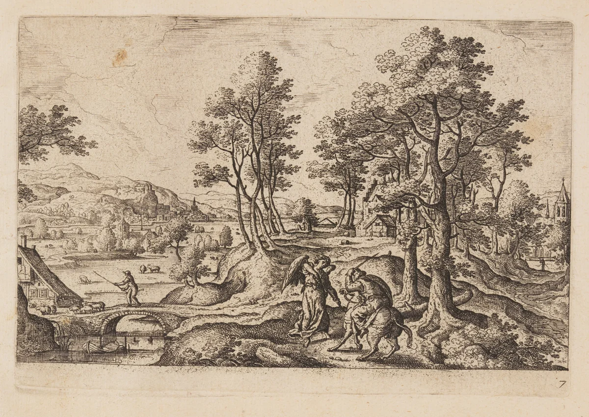 Plate 7, from Landscapes with Scenes from the Old and New Testament and Ovid’s Metamorphoses by Hans Bol, print, 1574