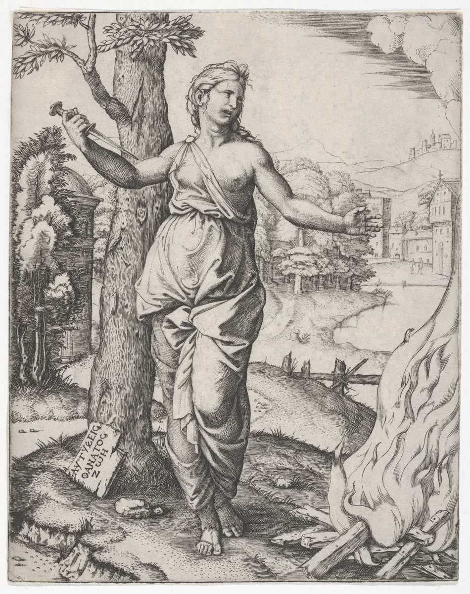 Dido holding a dagger in her right hand, left arm outstretched by Marcantonio Raimondi, print, 1500-1534