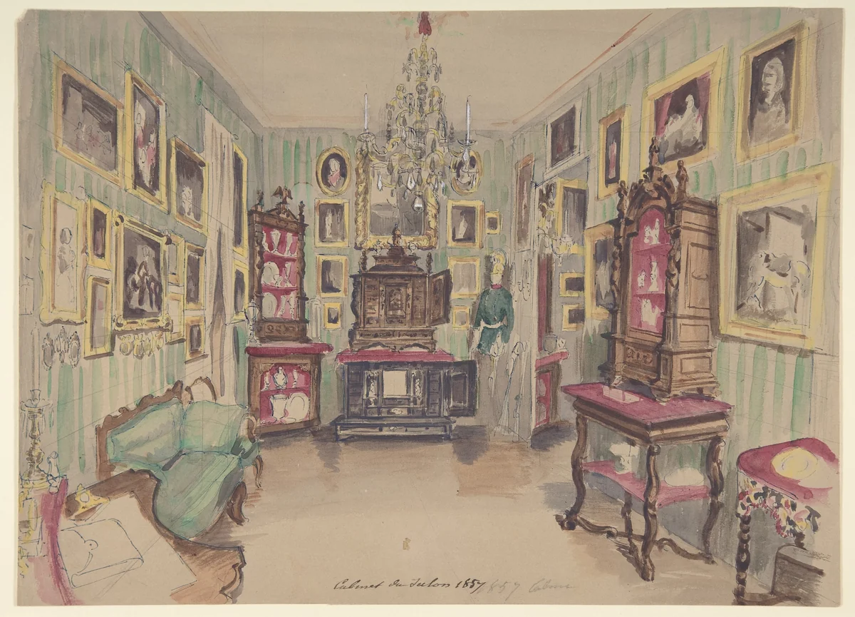 Drawing of an Interior: Cabinet du Salon by anonymous, drawing, 1857