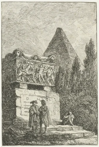 Sarcofaag by Hubert Robert, print, 1763-1766