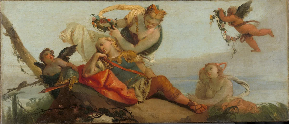 The Sleeping Rinaldo Crowned with Flowers by Armida (formerly entitled Sleeping Mars) by Francesco Zugno, painting, 1750-1780