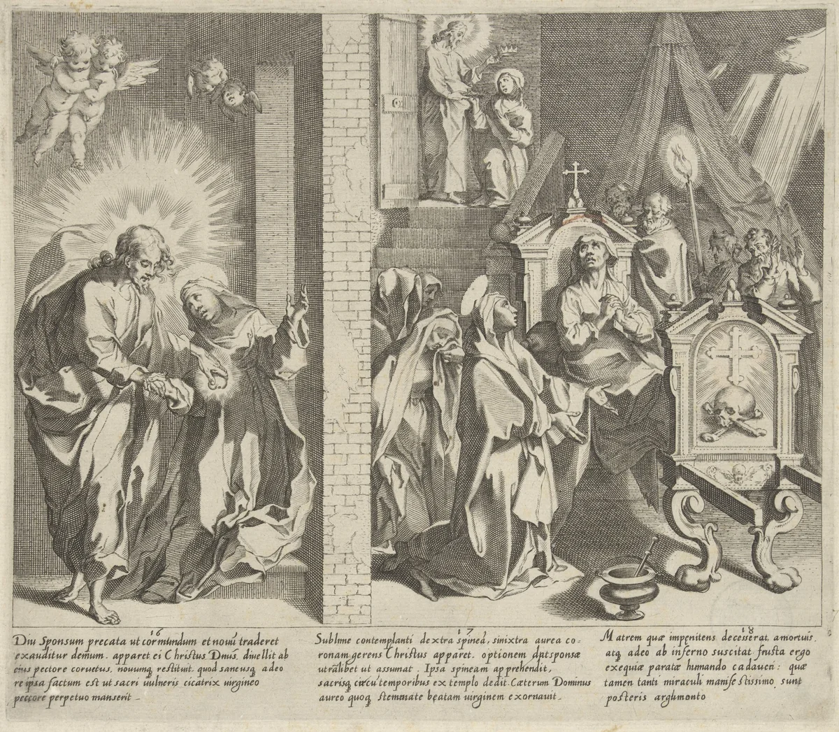 Catharina en Christus ruilen hun harten / Catharina kiest de doornenkroon / Catharina bezoekt een zieke vrouw op haar sterfbed by Pieter de Jode, print, 1597