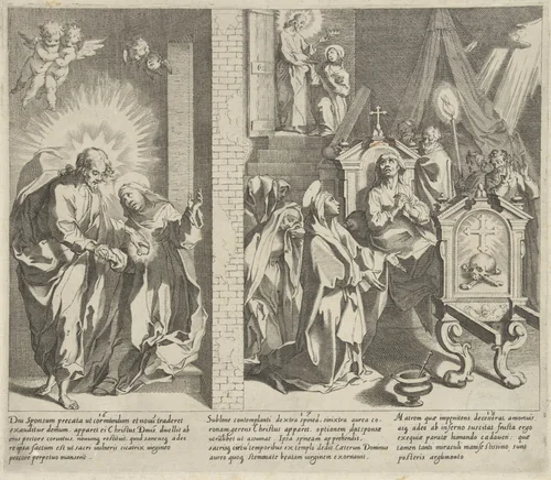 Catharina en Christus ruilen hun harten / Catharina kiest de doornenkroon / Catharina bezoekt een zieke vrouw op haar sterfbed by Pieter de Jode, print, 1597