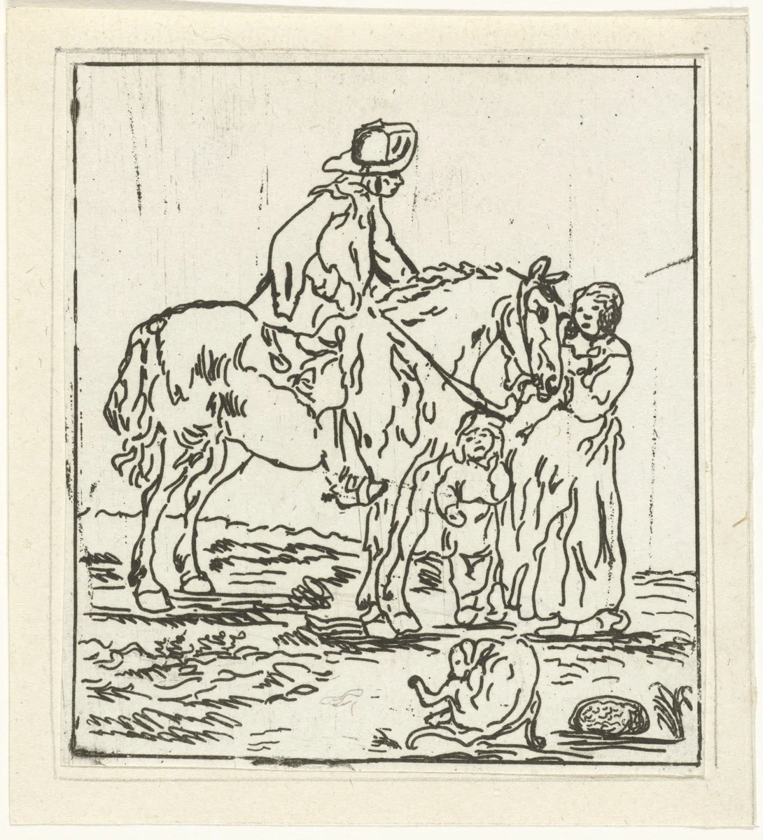 Man te paard bij vrouw en kind by Jacob Hoolaart, print, 1728-1789