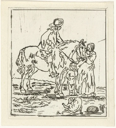 Man te paard bij vrouw en kind by Jacob Hoolaart, print, 1728-1789
