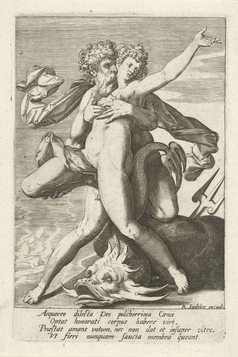 Neptunus verrast Caenis by anonymous, print, 1580-1628