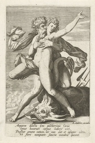 Neptunus verrast Caenis by anonymous, print, 1580-1628