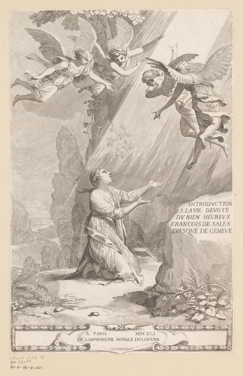 Geknielde vrouw in stralenbundel getoond door vier engelen by Claude Mellan, print, 1641