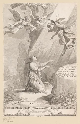 Geknielde vrouw in stralenbundel getoond door vier engelen by Claude Mellan, print, 1641