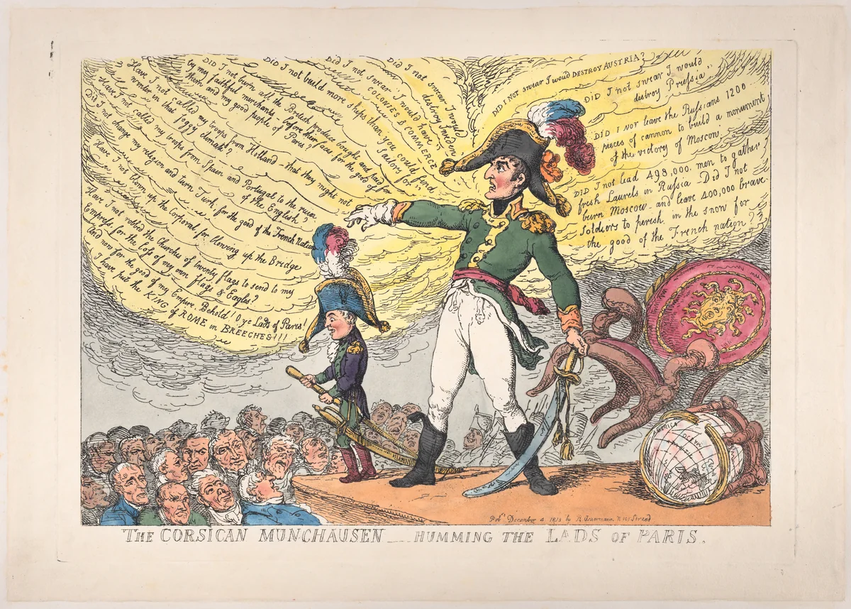 The Corsican Munchausen – Humming the Lads of Paris by Thomas Rowlandson, print, 1813