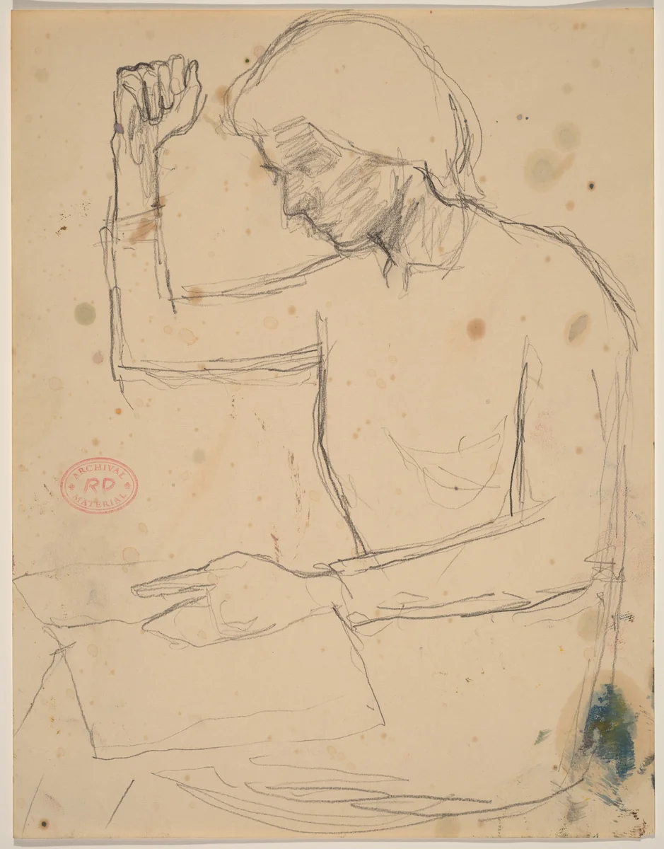 Untitled [seated woman raising her right arm while looking at a book] by Richard Diebenkorn, drawing, 1955-1967