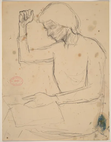 Untitled [seated woman raising her right arm while looking at a book] by Richard Diebenkorn, drawing, 1955-1967