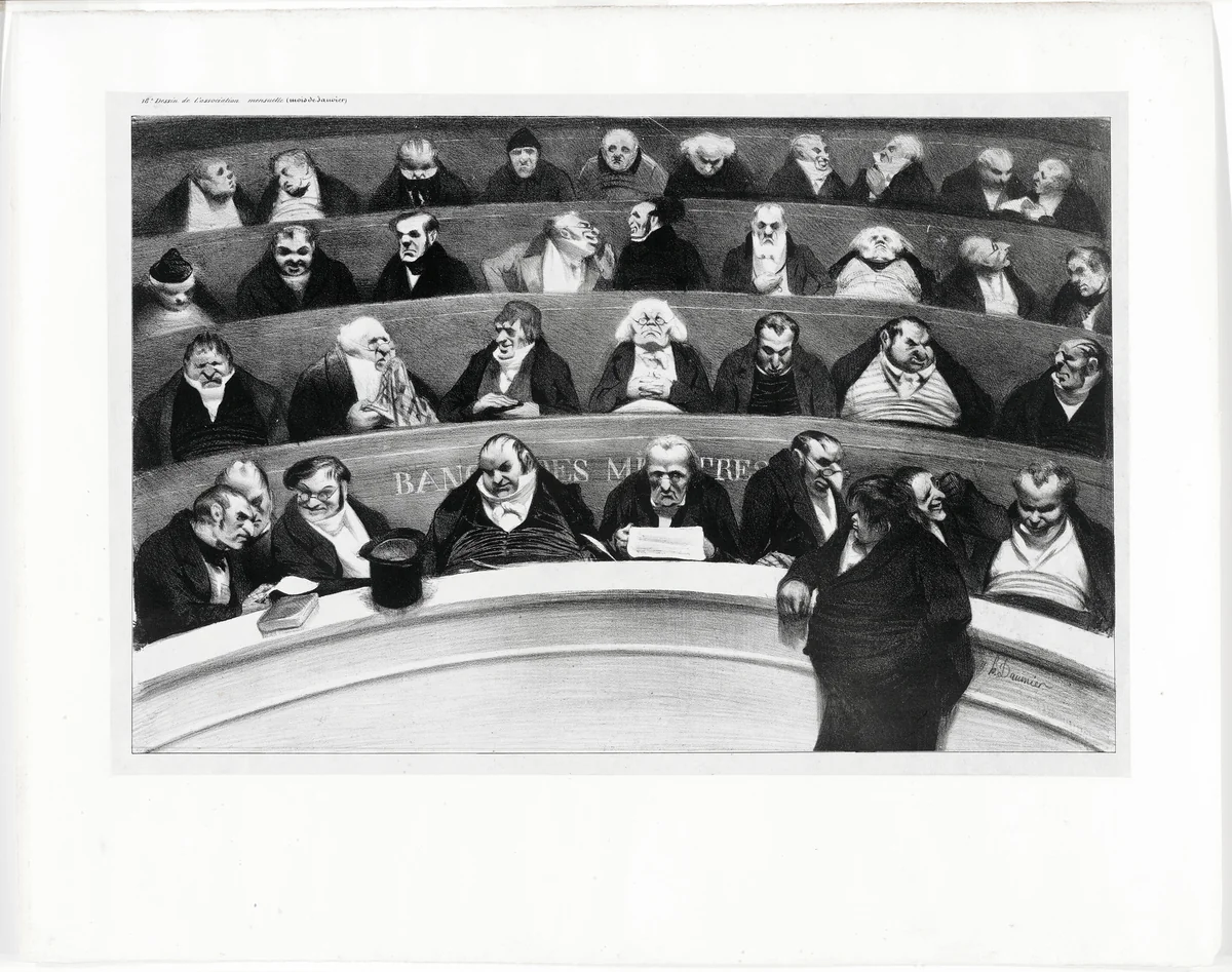 The Legislative belly. View of the ministerial benches in the Improstituted House of 1834, plate 18 from L’Association mensuelle by Honoré-Victorin Daumier, print, 1834