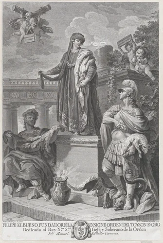 Allegorical portrait of Felipe el Bueno (Philip the Good Duke of Burgundy) founder of the Order of the Golden Fleece by Manuel Salvador Carmona, print, 1778