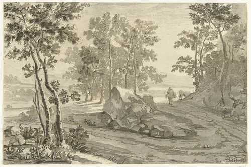 Boomrijk landschap met veedrijver by Cornelis Brouwer, print, 1741-1803