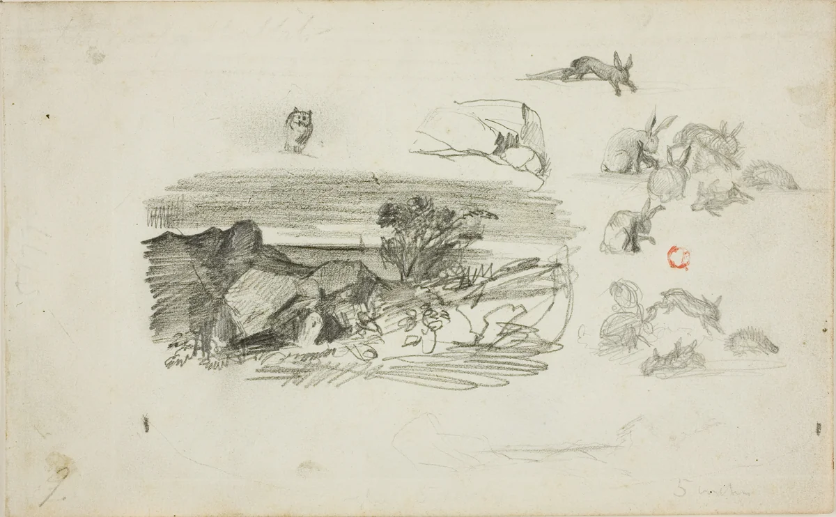 Sketches: Rocky Setting and Rabbits by Charles-François Daubigny, drawing, 1837-1878