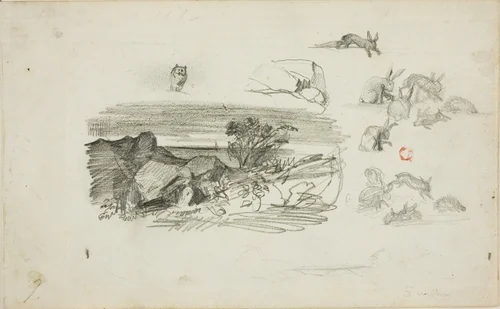 Sketches: Rocky Setting and Rabbits by Charles-François Daubigny, drawing, 1837-1878
