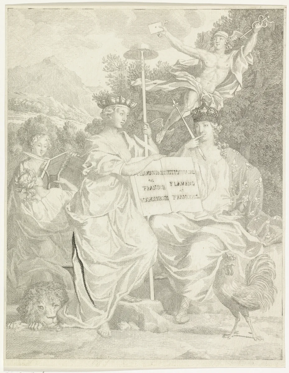 Personificaties van de Oostenrijkse Nederlanden en Frankrijk by Jan Wandelaar, print, 1757