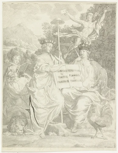 Personificaties van de Oostenrijkse Nederlanden en Frankrijk by Jan Wandelaar, print, 1757