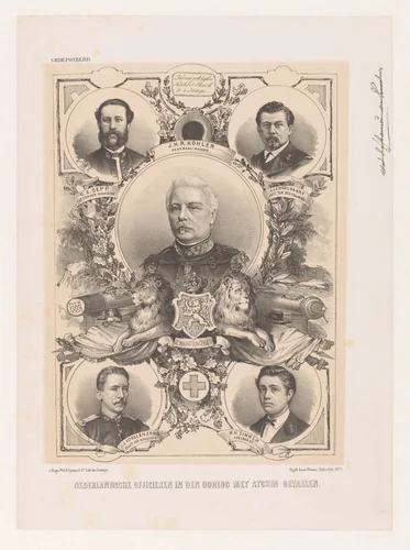 Portretten van vijf Nederlandse officieren by anonymous, print, 1873