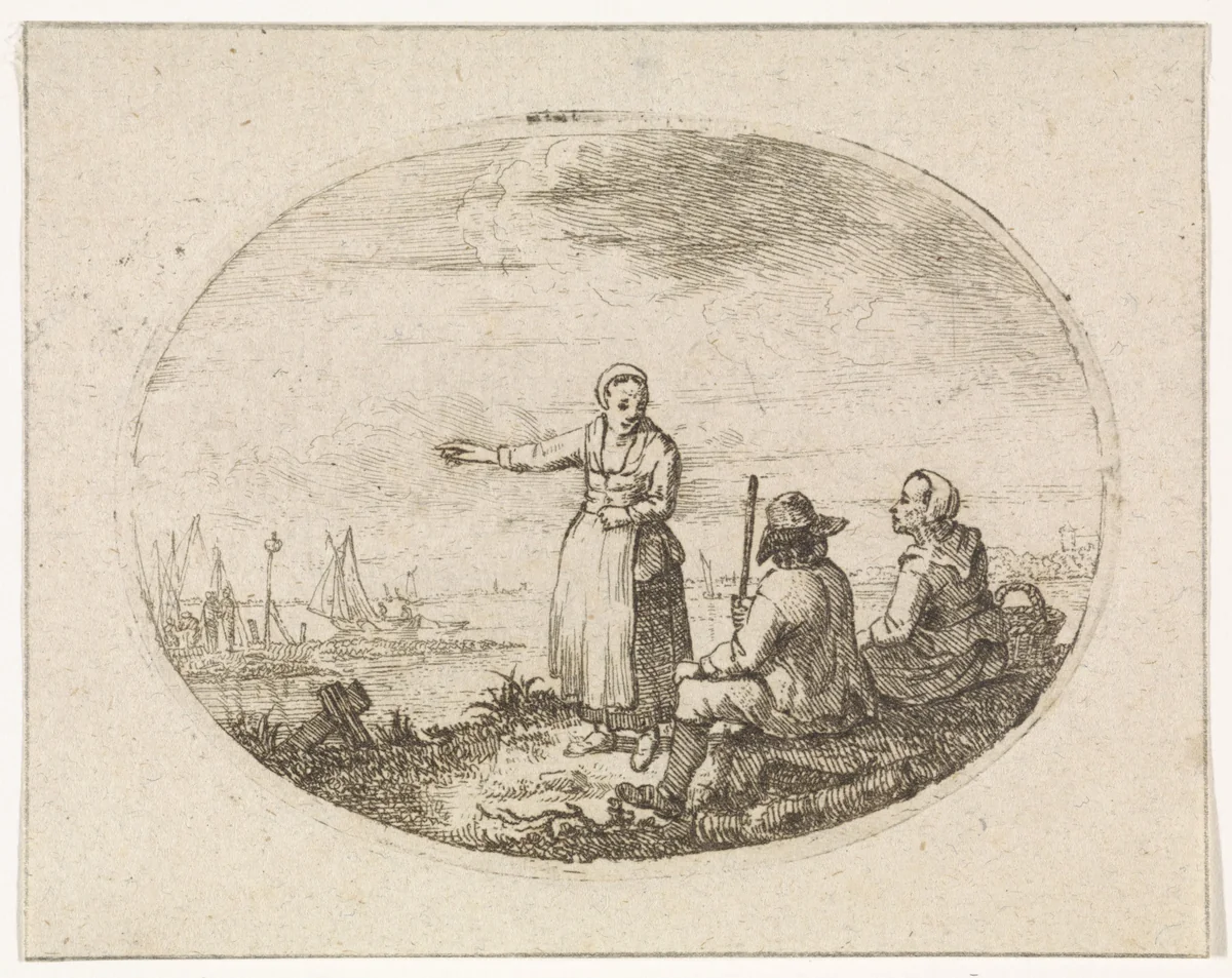 Paar aan oever van rivier by Marten J. Waefelaers, print, 1779-1793