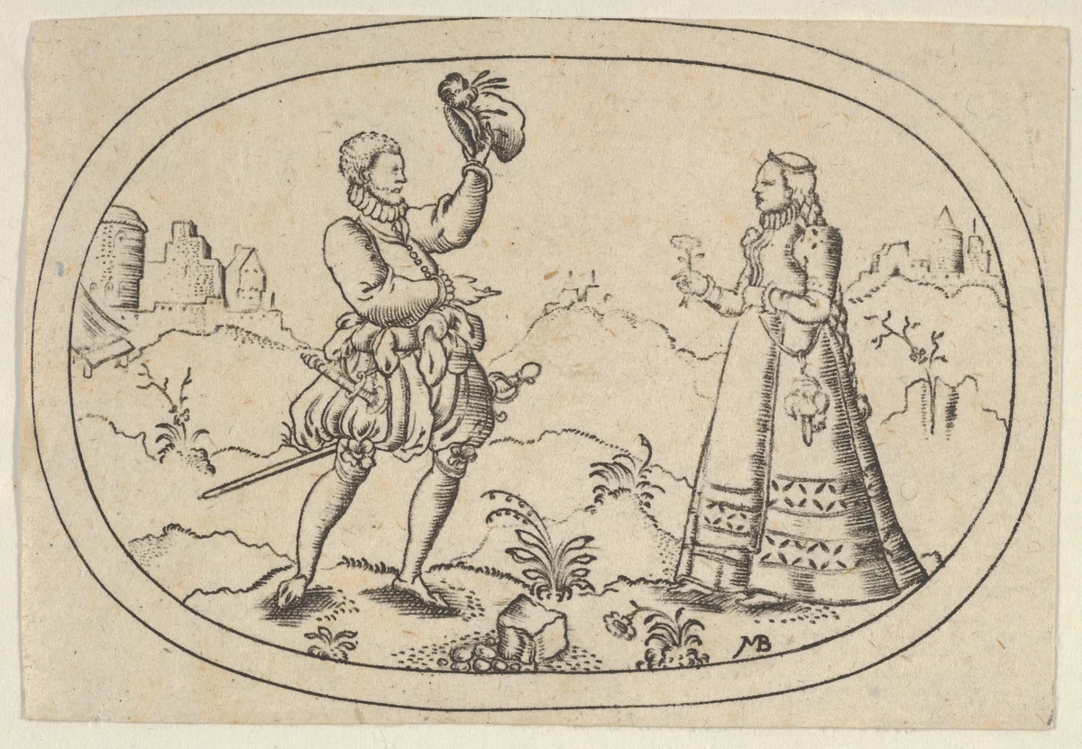 A Gentleman Greets a Lady, from Das Bossenbüchlein by Mathais Beitler, print, 1577-1587