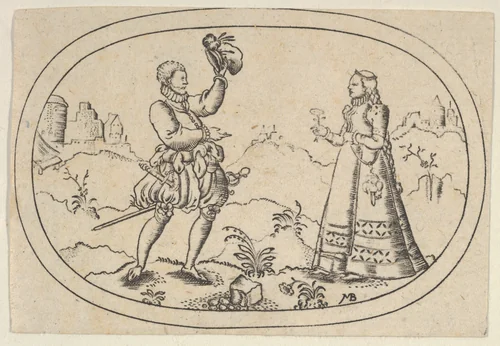 A Gentleman Greets a Lady, from Das Bossenbüchlein by Mathais Beitler, print, 1577-1587
