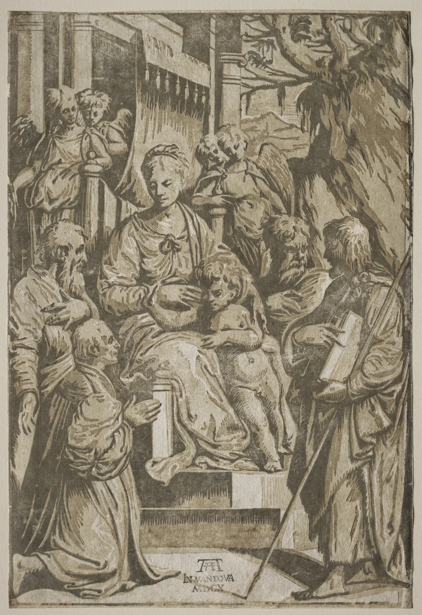 The Virgin and Child with Saints and a Donor (after a drawing by Girolamo da Treviso) by Andrea Andreani, print, 1580-1610