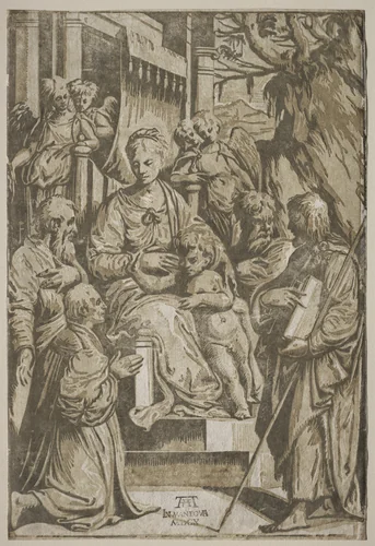 The Virgin and Child with Saints and a Donor (after a drawing by Girolamo da Treviso) by Andrea Andreani, print, 1580-1610